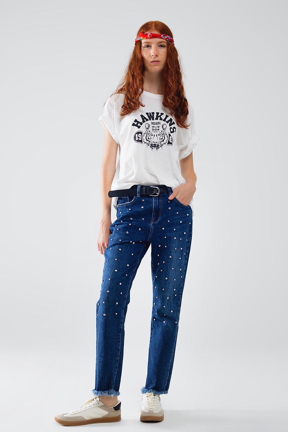Straight Blue Jeans With Strass Front Details And Frayed Ends - Denim