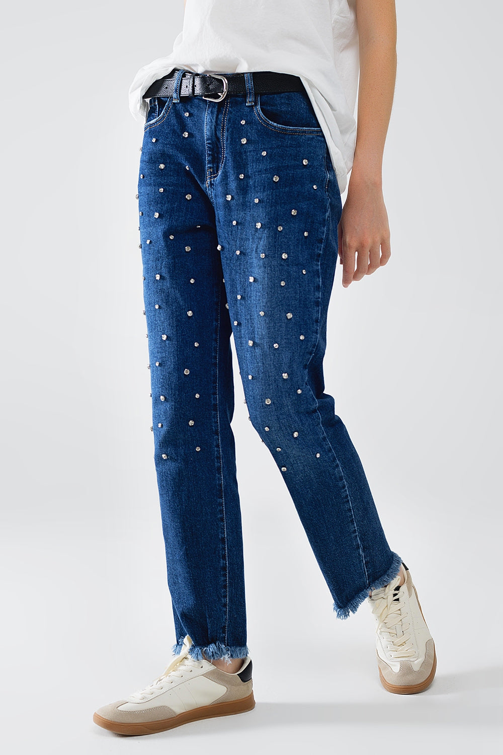 Straight Blue Jeans With Strass Front Details And Frayed Ends - Denim