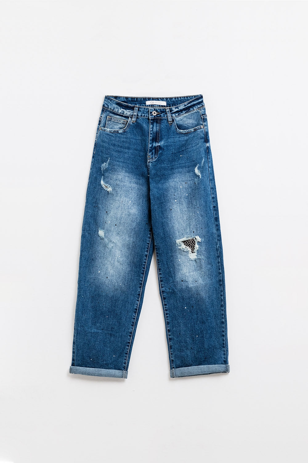 Straight Distressed Jeans With Paint Stains Details - Denim