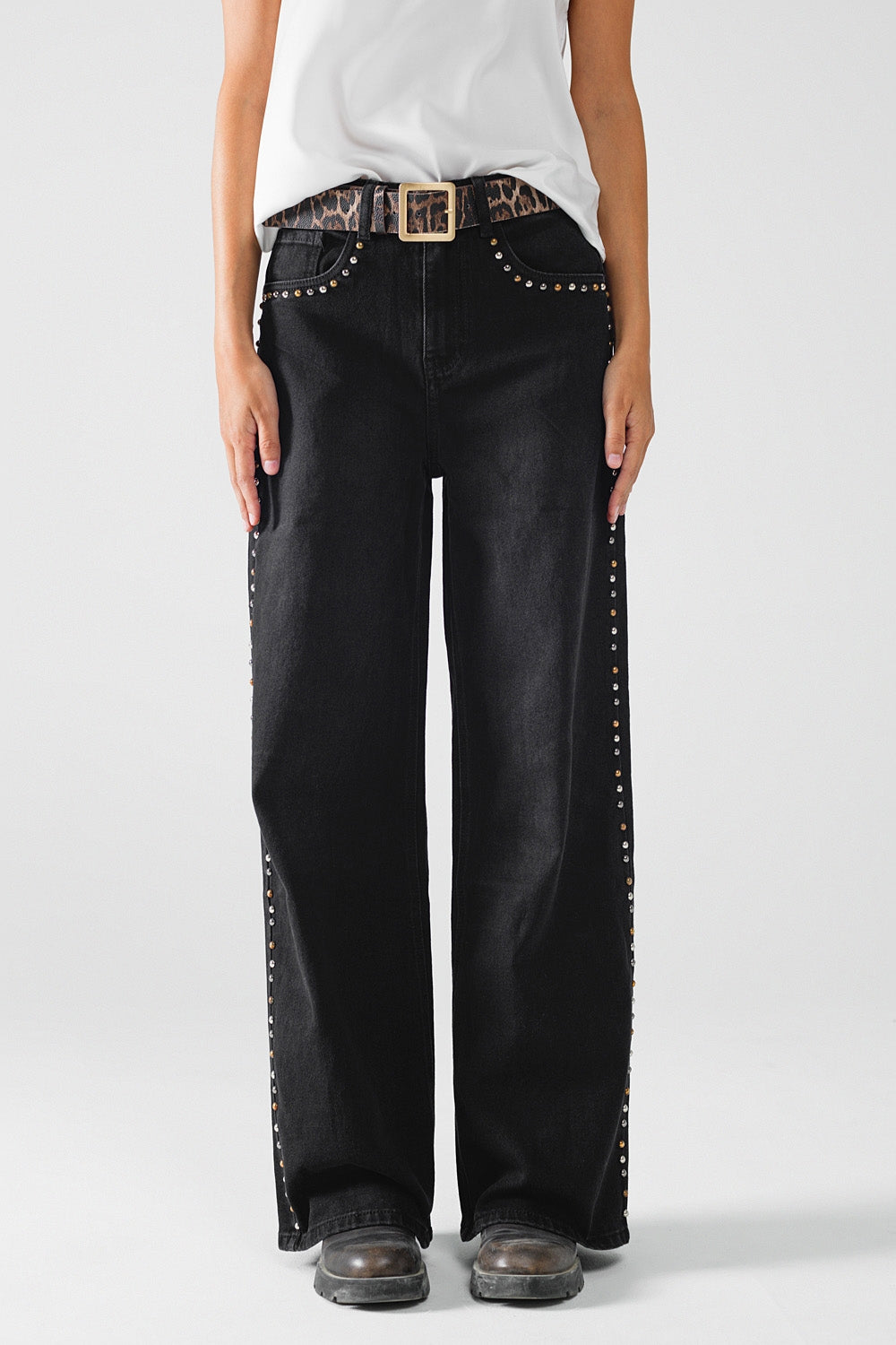 Straight Jeans With Stud Trim Details On The SIdes In Black - Denim