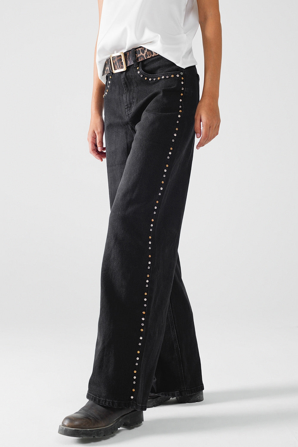 Straight Jeans With Stud Trim Details On The SIdes In Black - Denim