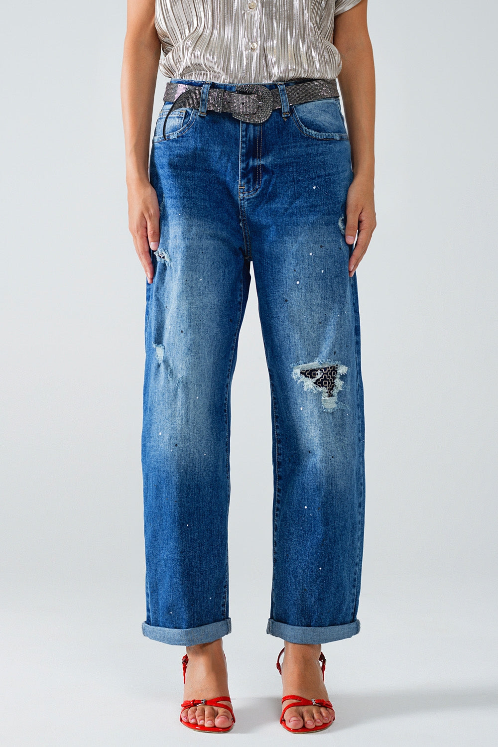 Straight Distressed Jeans With Paint Stains Details - Denim