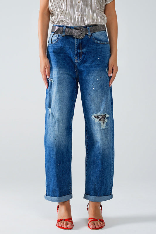 Straight Distressed Jeans With Paint Stains Details - Denim