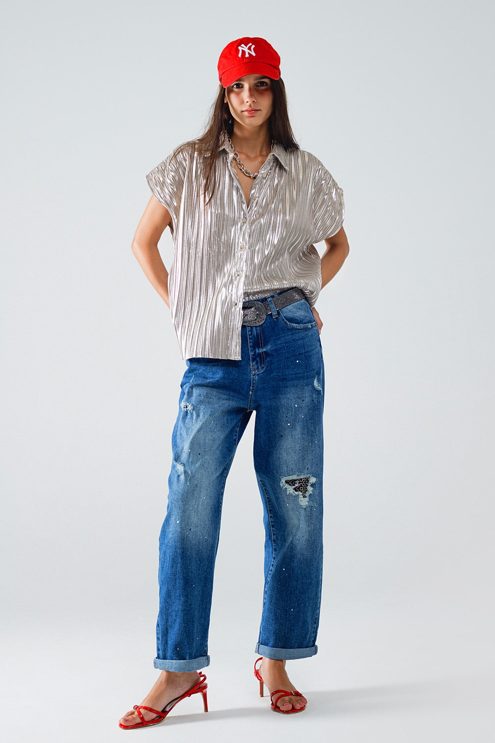 Straight Distressed Jeans With Paint Stains Details - Denim
