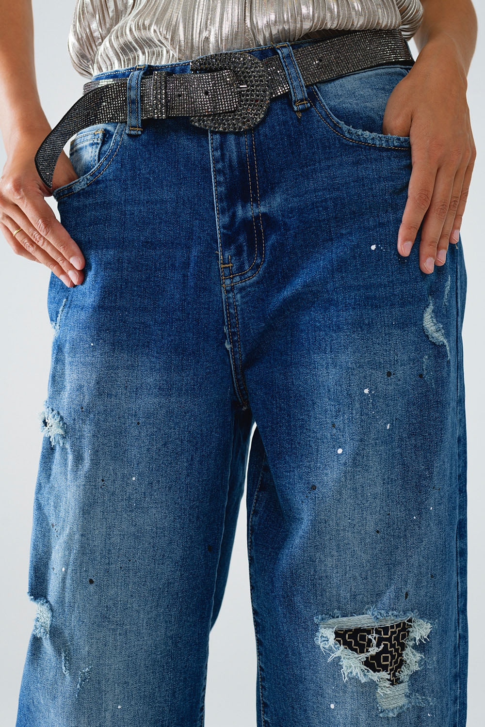 Straight Distressed Jeans With Paint Stains Details - Denim