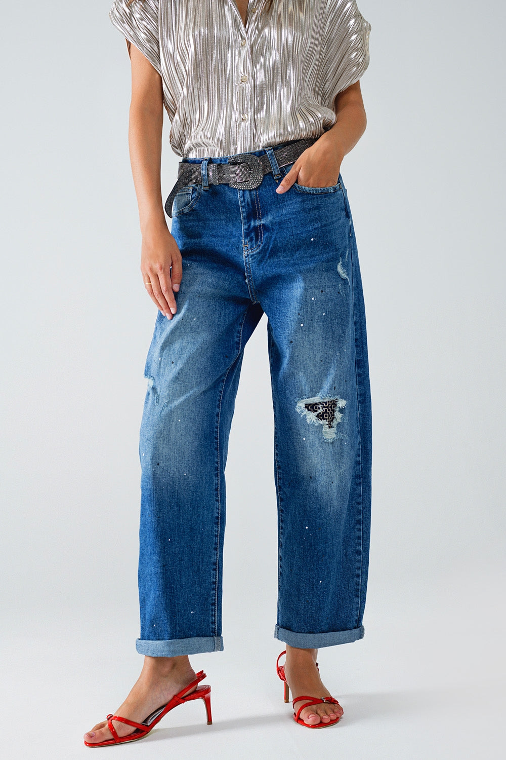 Straight Distressed Jeans With Paint Stains Details - Denim