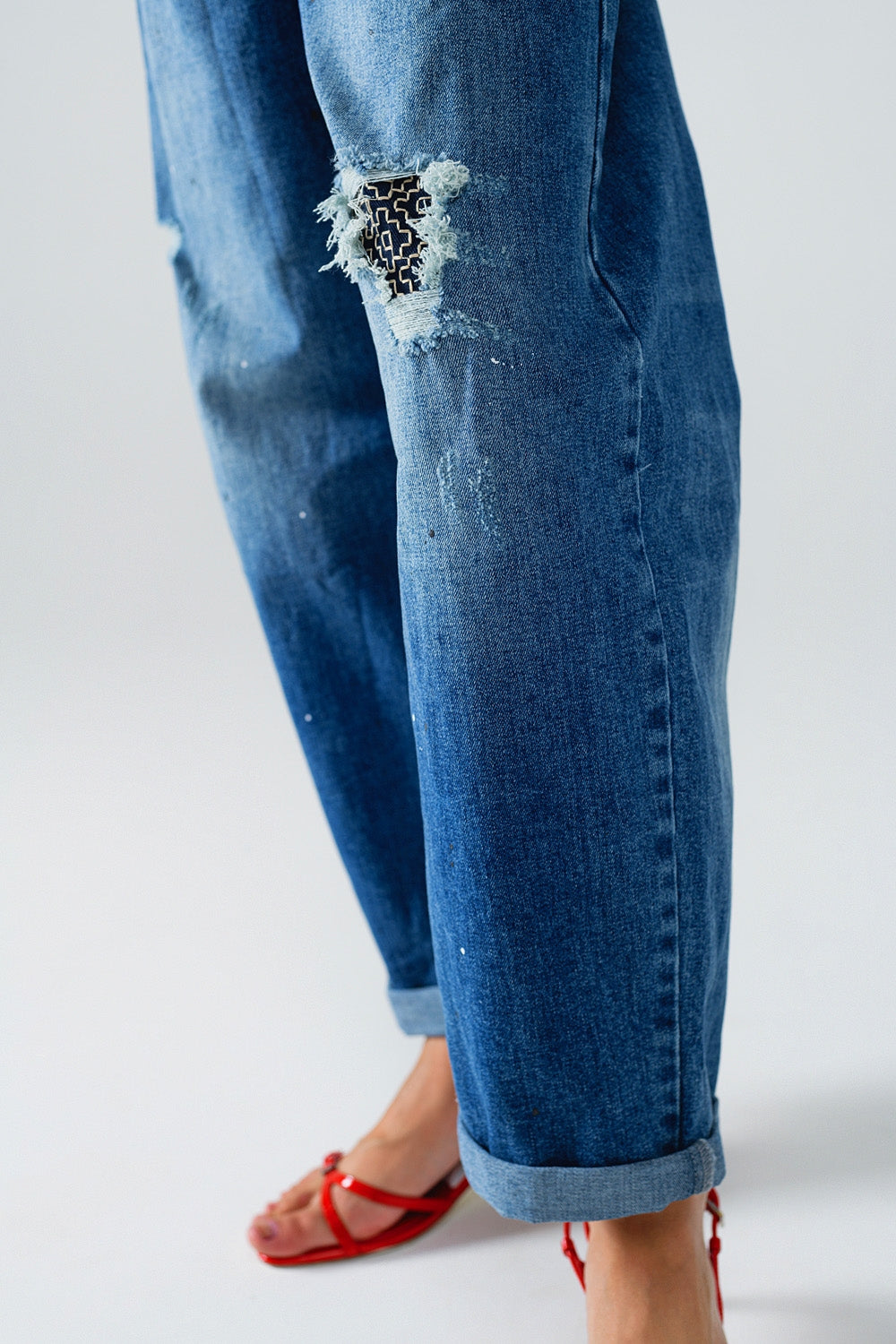 Straight Distressed Jeans With Paint Stains Details - Denim