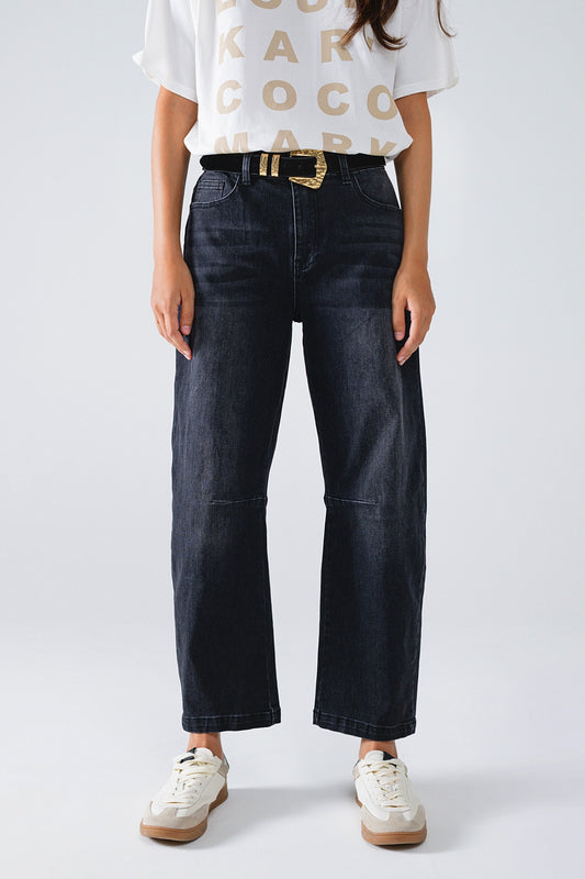 Black Straight Jeans With Seam Detail - Denim