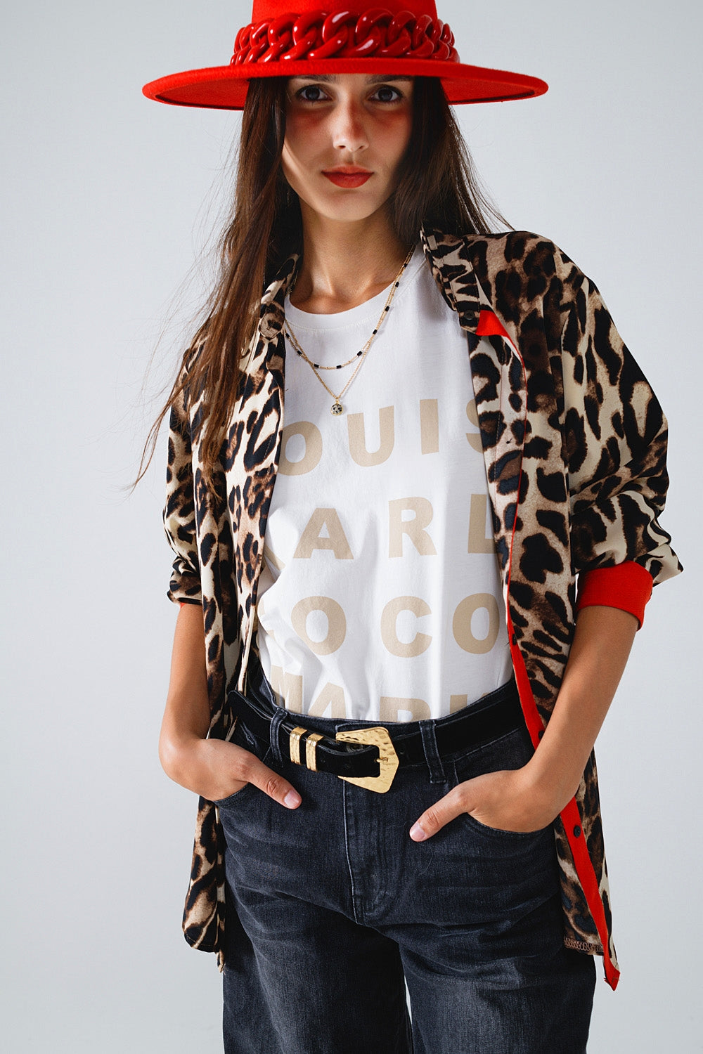 Leopard Shirt WIth Red Button Placket And Red Sleeves Detail - Shirts