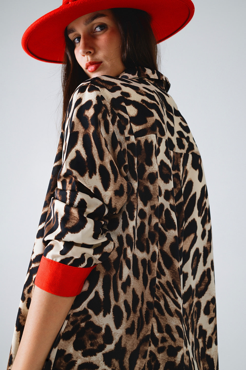 Leopard Shirt WIth Red Button Placket And Red Sleeves Detail - Shirts