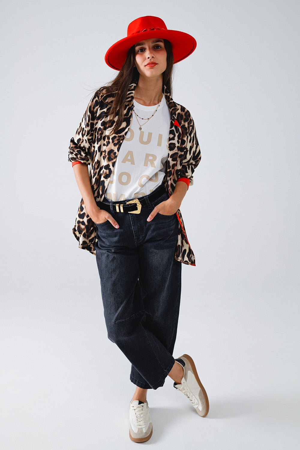Leopard Shirt WIth Red Button Placket And Red Sleeves Detail - Shirts