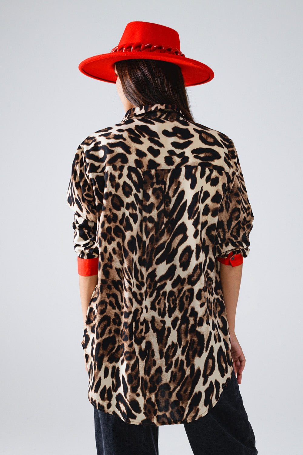 Leopard Shirt WIth Red Button Placket And Red Sleeves Detail - Shirts