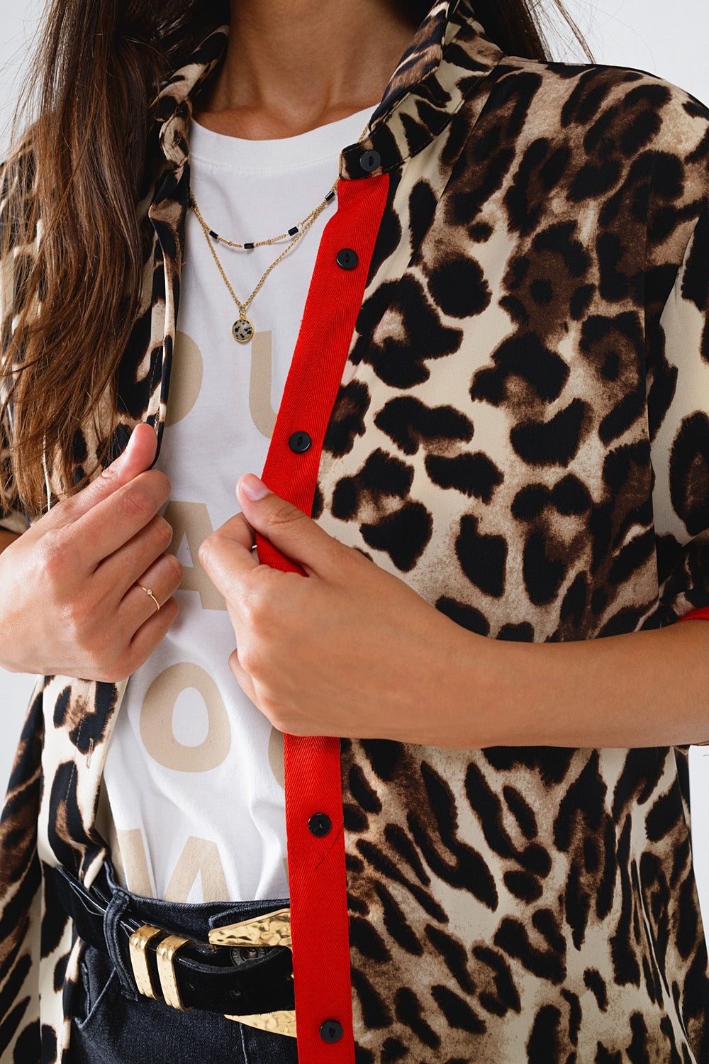 Leopard Shirt WIth Red Button Placket And Red Sleeves Detail - Shirts