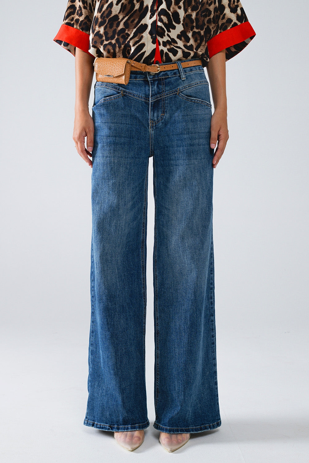 Blue Flare Jeans With Stitching Detail - Denim