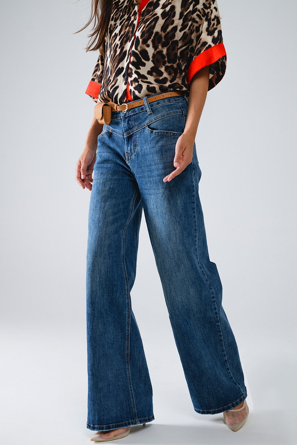 Blue Flare Jeans With Stitching Detail - Denim