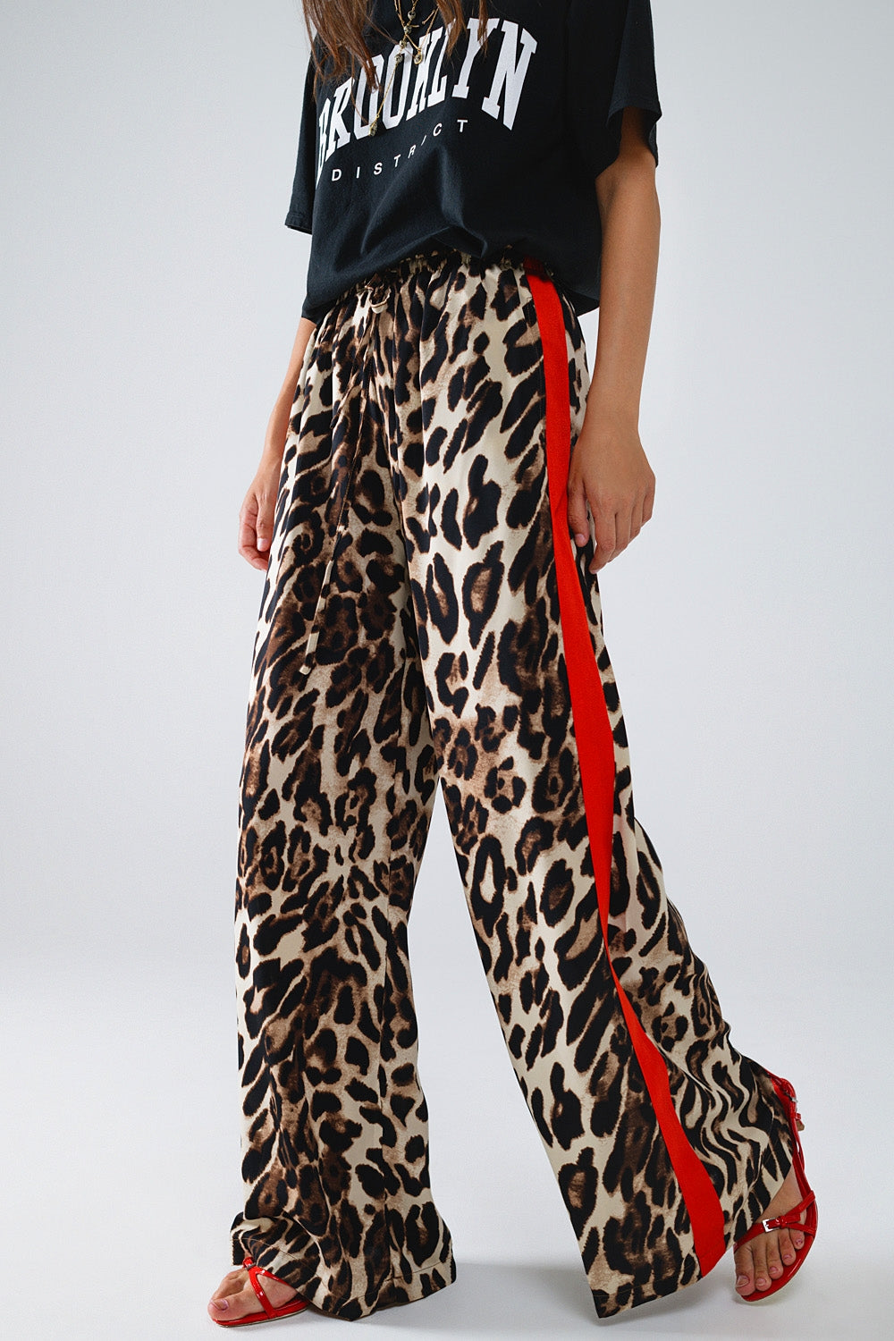 Leopard Straight Pants With Red Stripes Down The Sides - trousers