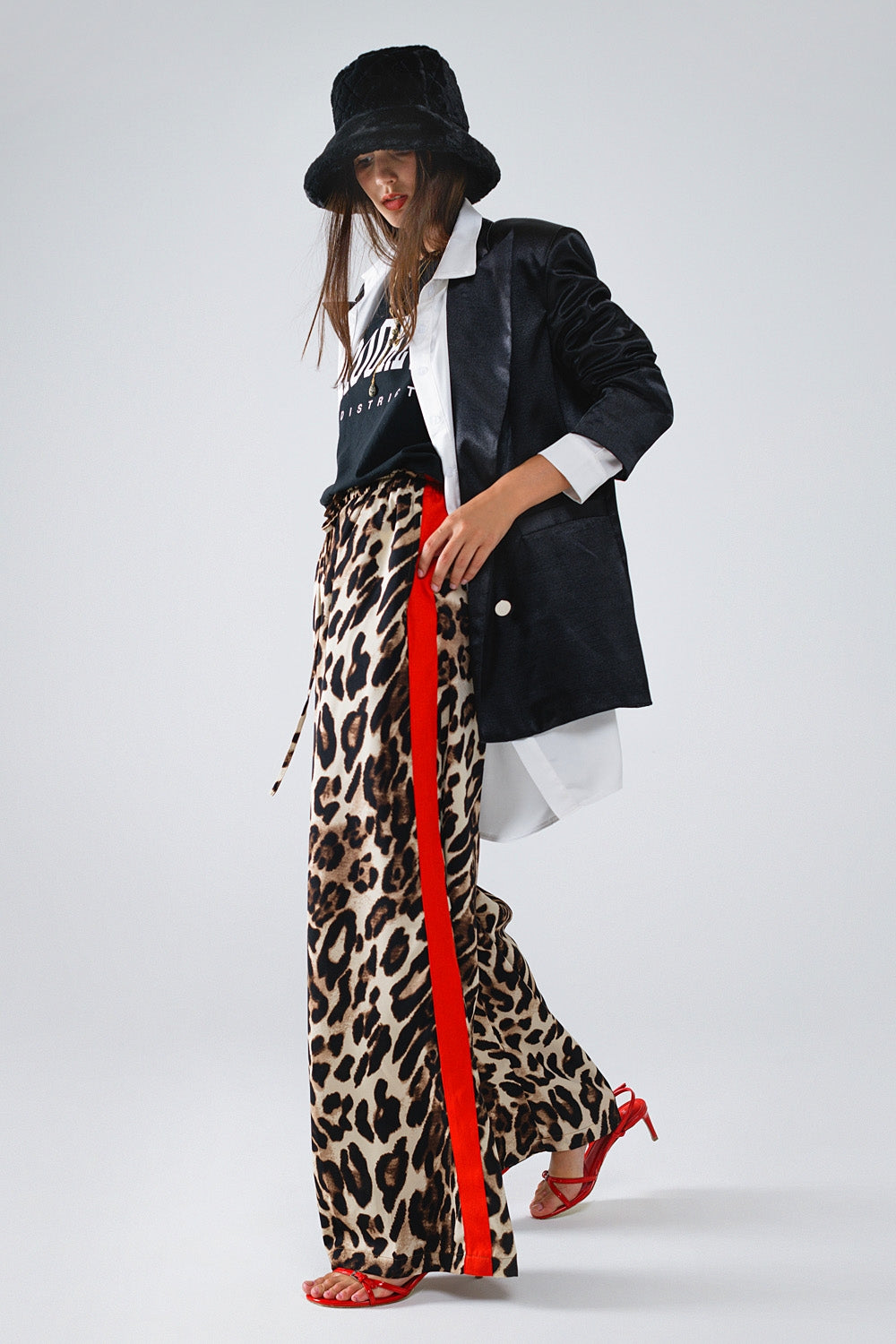 Leopard Straight Pants With Red Stripes Down The Sides - trousers