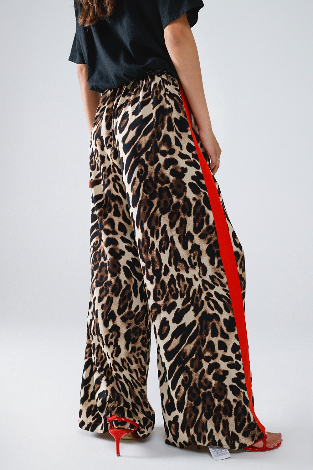Leopard Straight Pants With Red Stripes Down The Sides - trousers