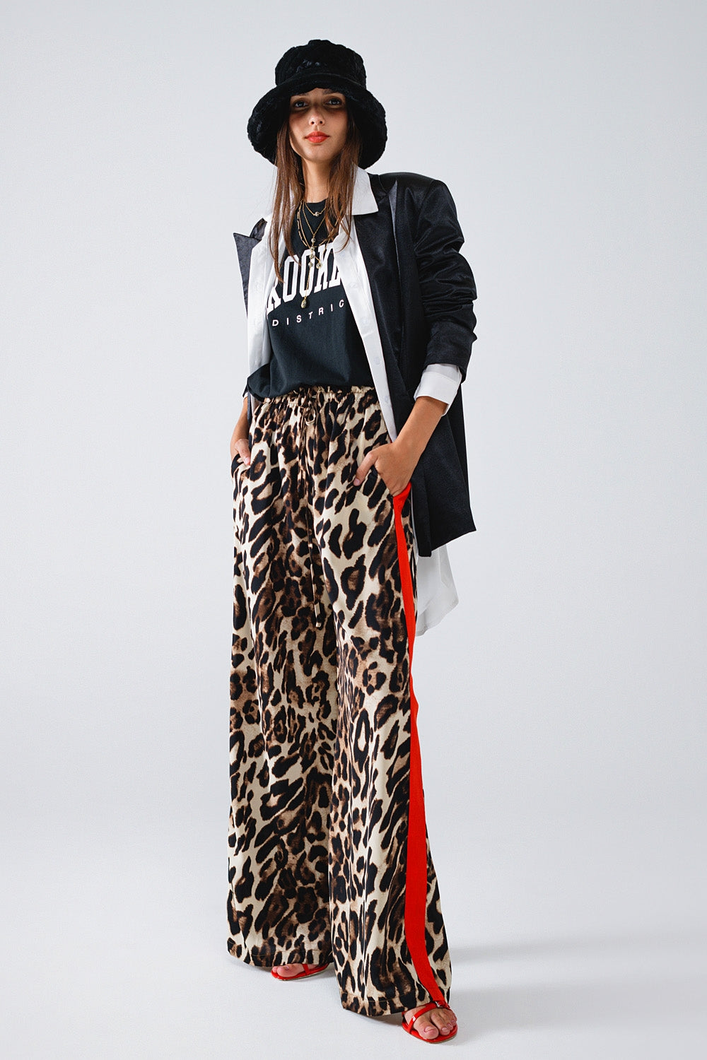Leopard Straight Pants With Red Stripes Down The Sides - trousers