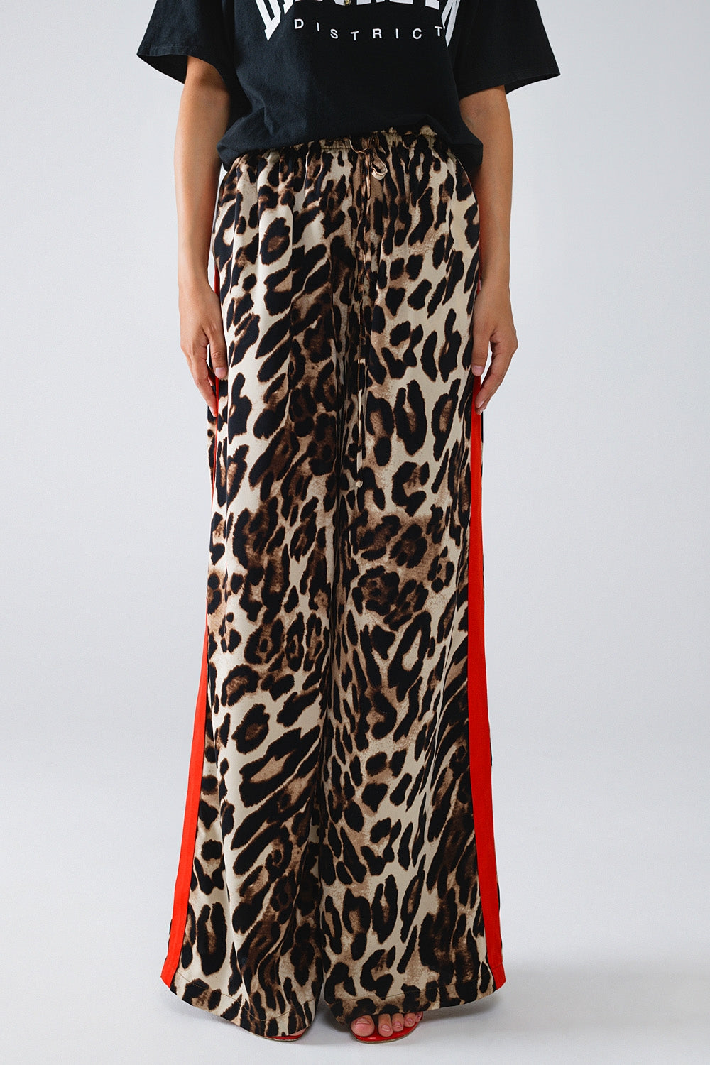 Leopard Straight Pants With Red Stripes Down The Sides - trousers