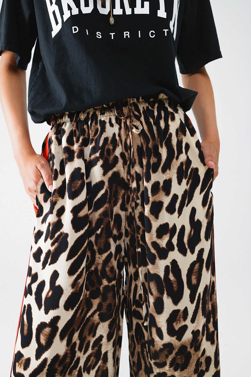 Leopard Straight Pants With Red Stripes Down The Sides - trousers