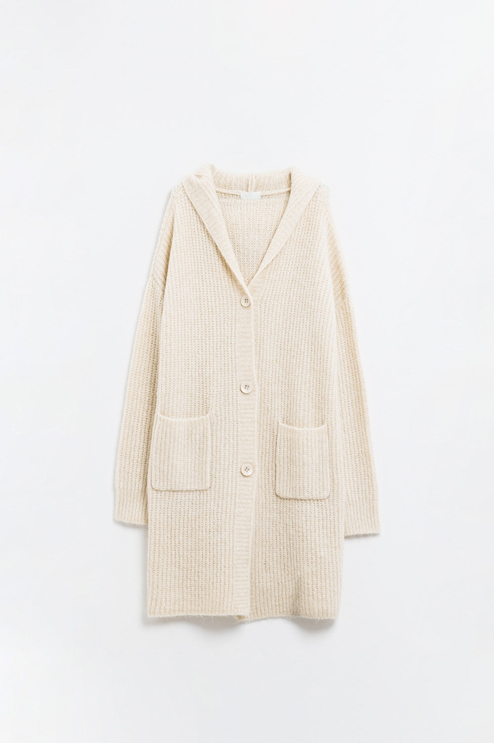 Long Ribbed Cardigan With Pockes and Hood in Cream