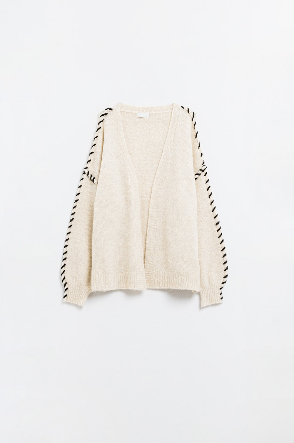 Cream Open Cardigan with Black Trim in chunky knitted