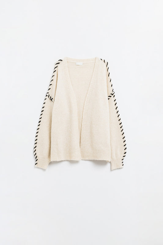 Cream Open Cardigan with Black Trim in chunky knitted