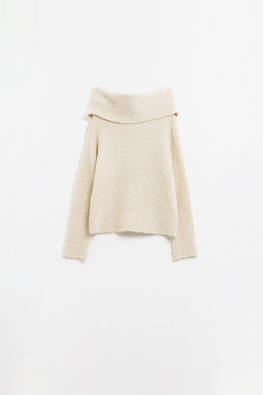 knitted fluffy boat neck sweater in cream