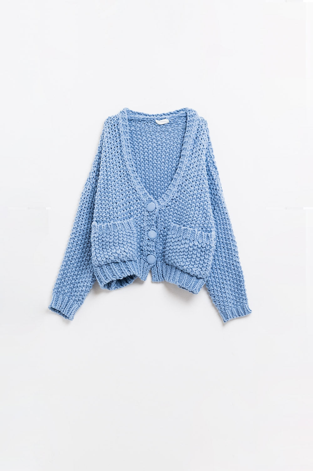 Oversized light blue chunky knit jacket with pockets
