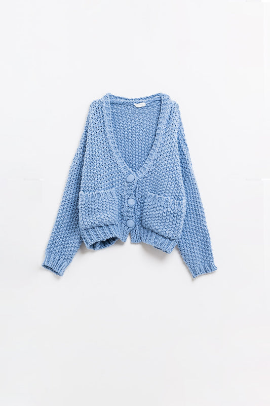 Oversized light blue chunky knit jacket with pockets