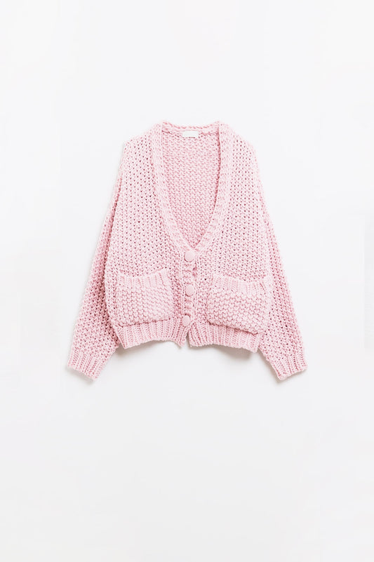 Oversized pink chunky knit jacket with pockets