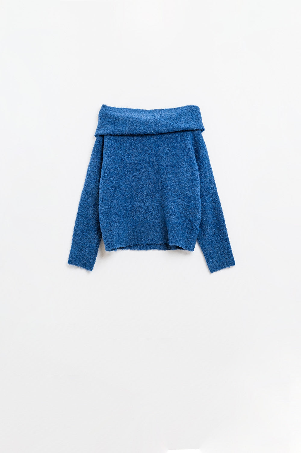 knitted fluffy boat neck sweater in blue