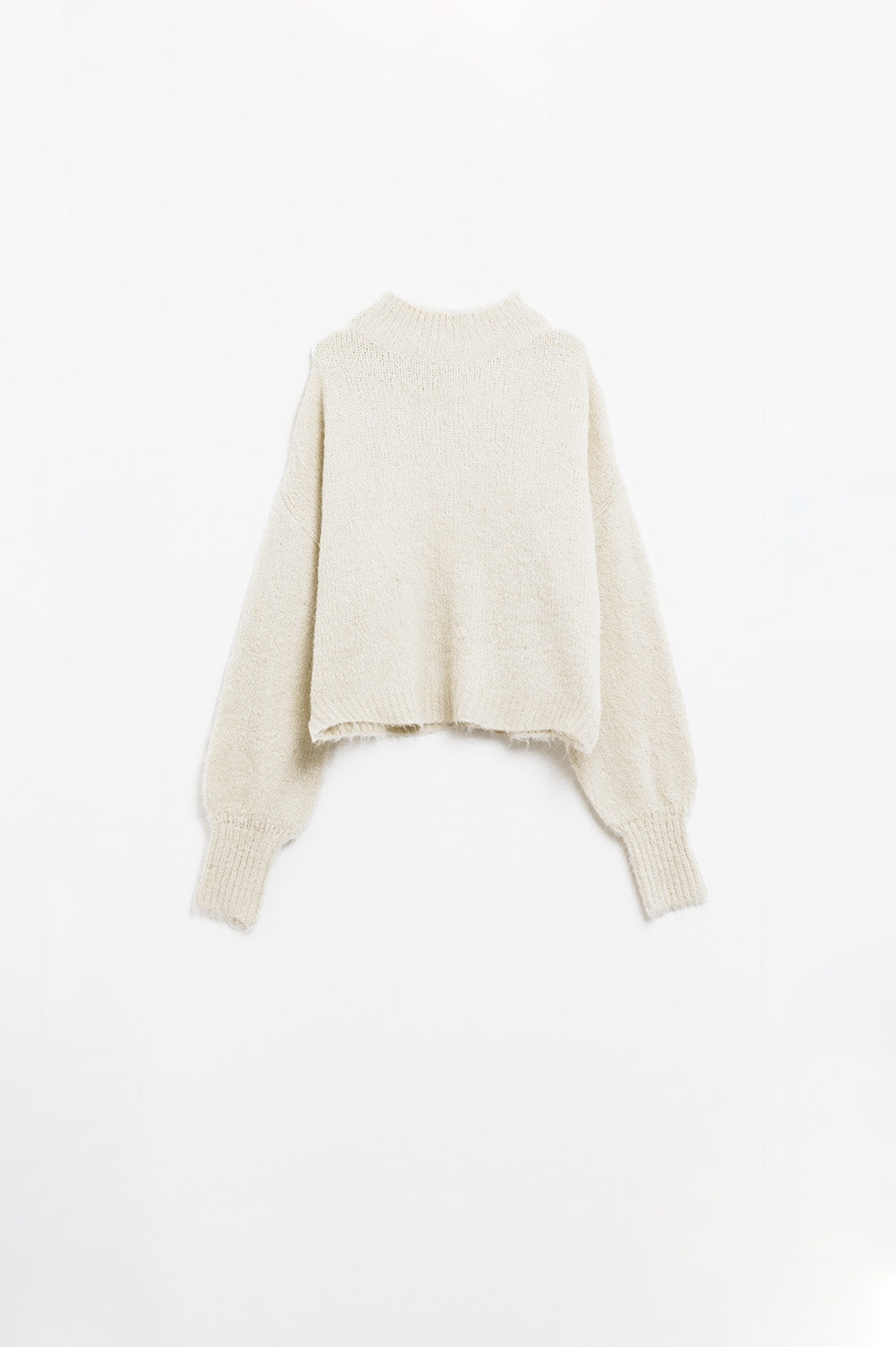 Fluffy beige sweater with high neck and balloon sleeves