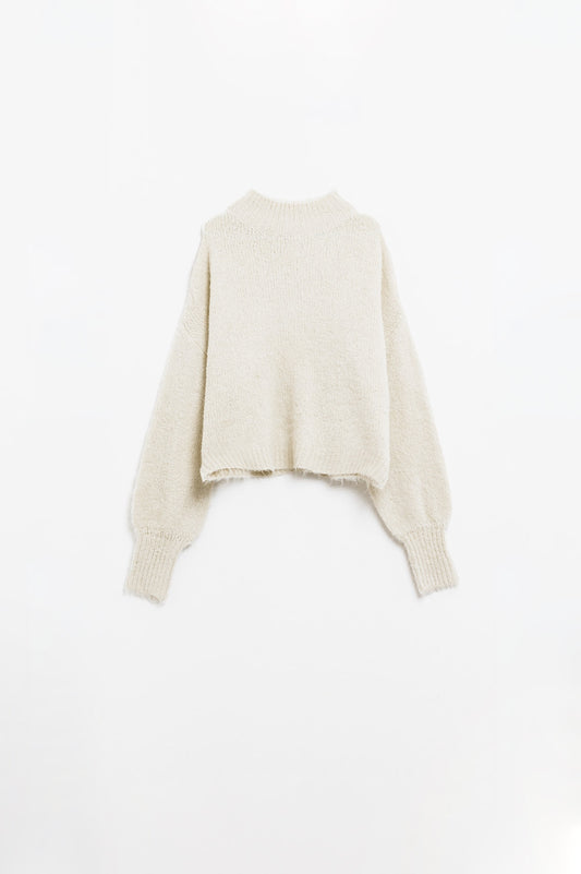 Fluffy beige sweater with high neck and balloon sleeves