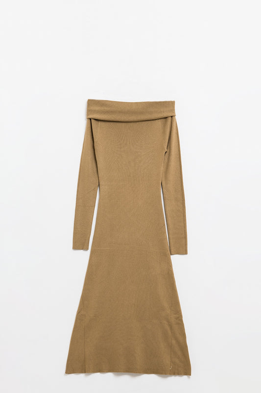 Maxi Knitted wide Bardot Dress in camel - dress, Dresses