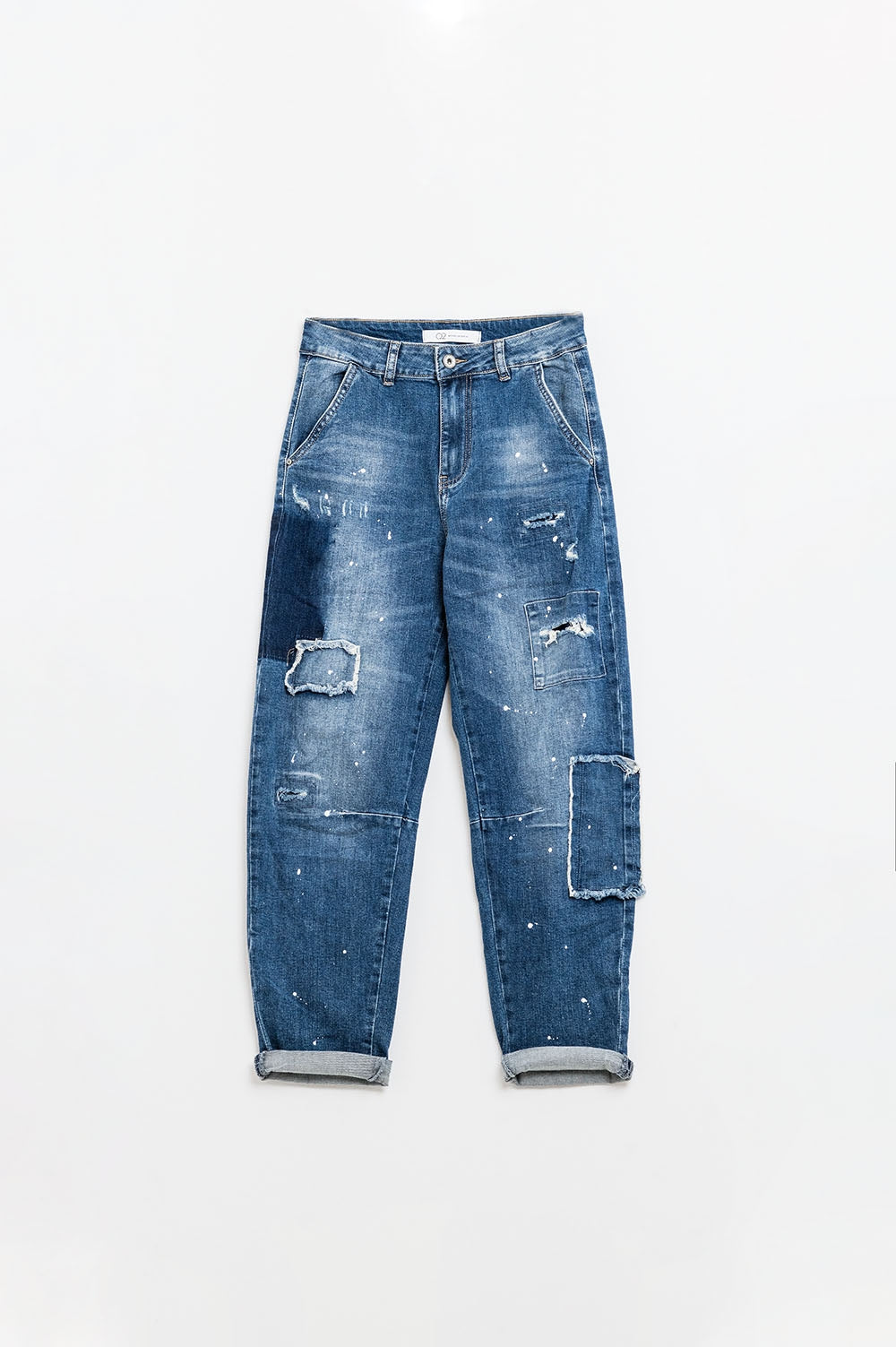 Loose-fitting jeans with distressed patches and paint details - Denim