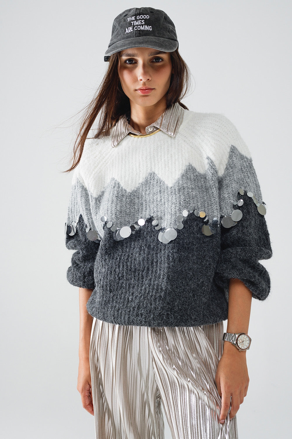 Herringbone Pattern Sweater With Sequin Details In Grey - jumper