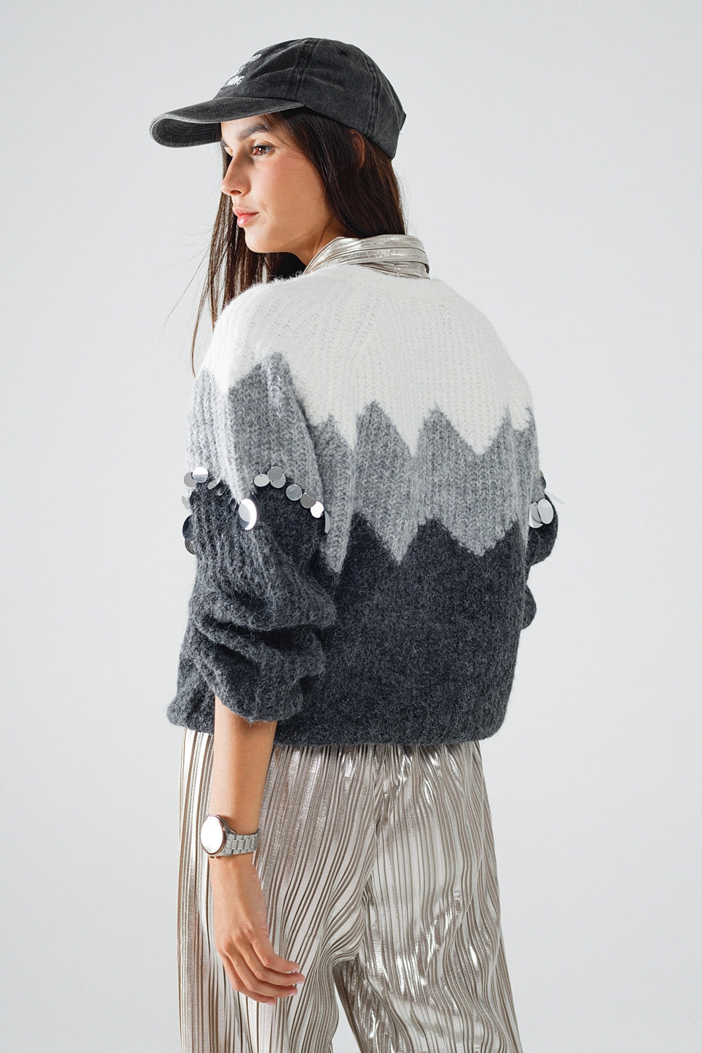 Herringbone Pattern Sweater With Sequin Details In Grey - jumper