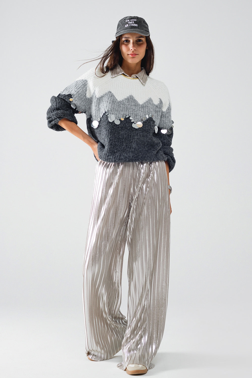Herringbone Pattern Sweater With Sequin Details In Grey - jumper