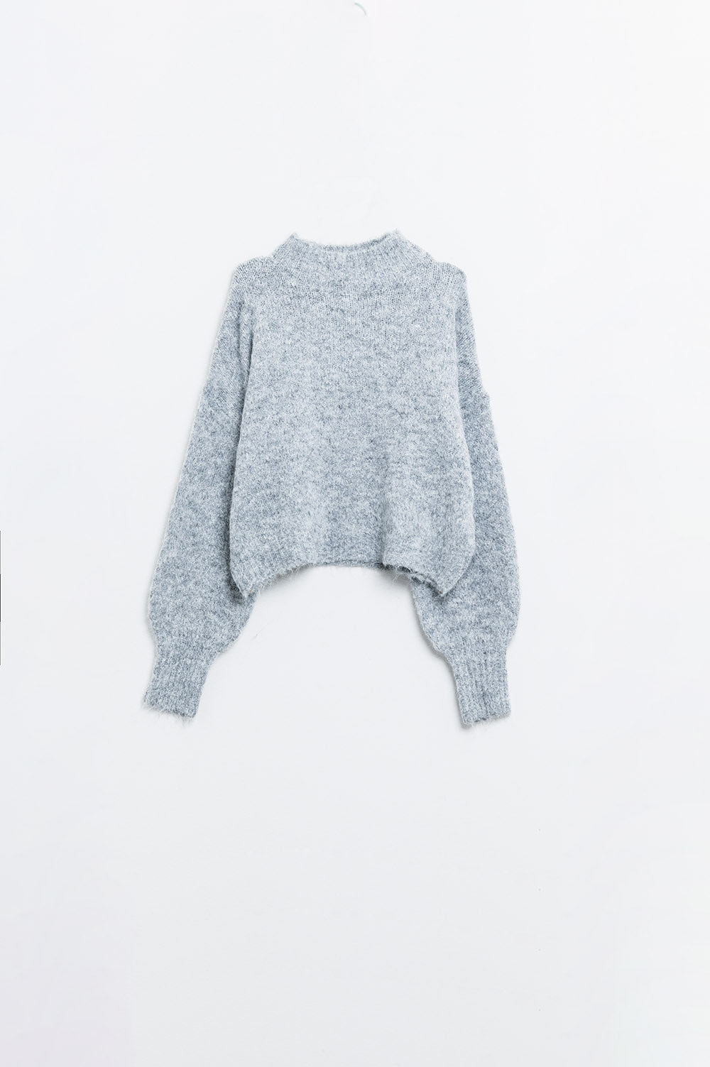 Fluffy grey sweater with high neck and balloon sleeves