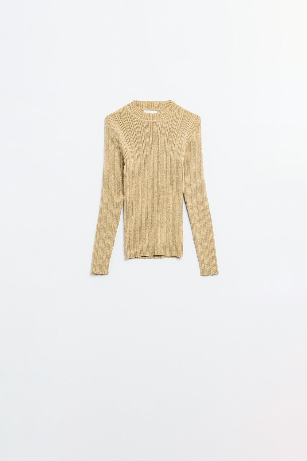 Fitted ribbed sweater in beige with silver thread detail