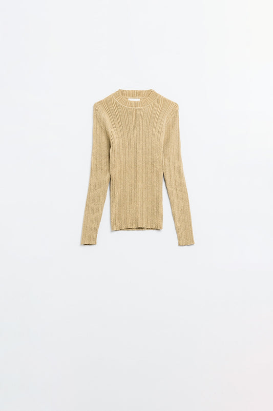 Fitted ribbed sweater in beige with silver thread detail