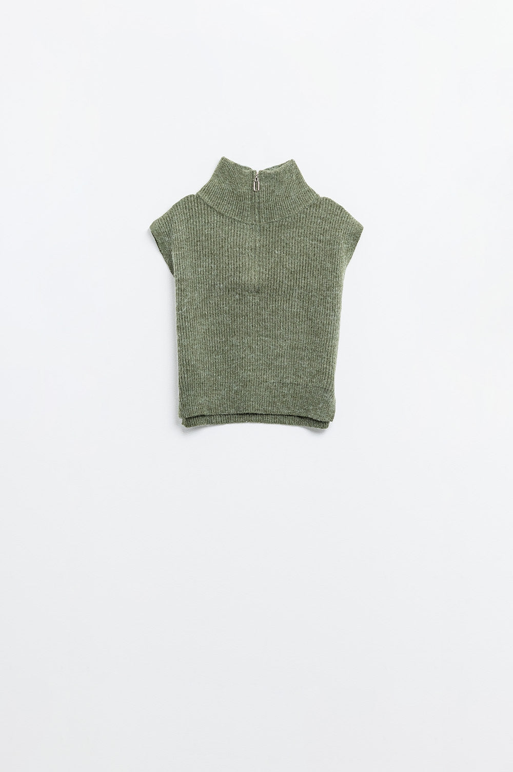 Green sleeveless turtleneck sweater with zipper closure