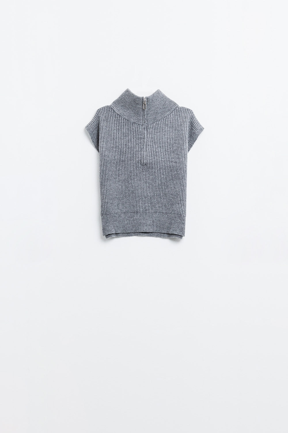 Grey sleeveless turtleneck sweater with zipper closure