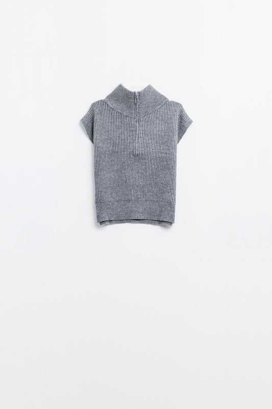 Grey sleeveless turtleneck sweater with zipper closure