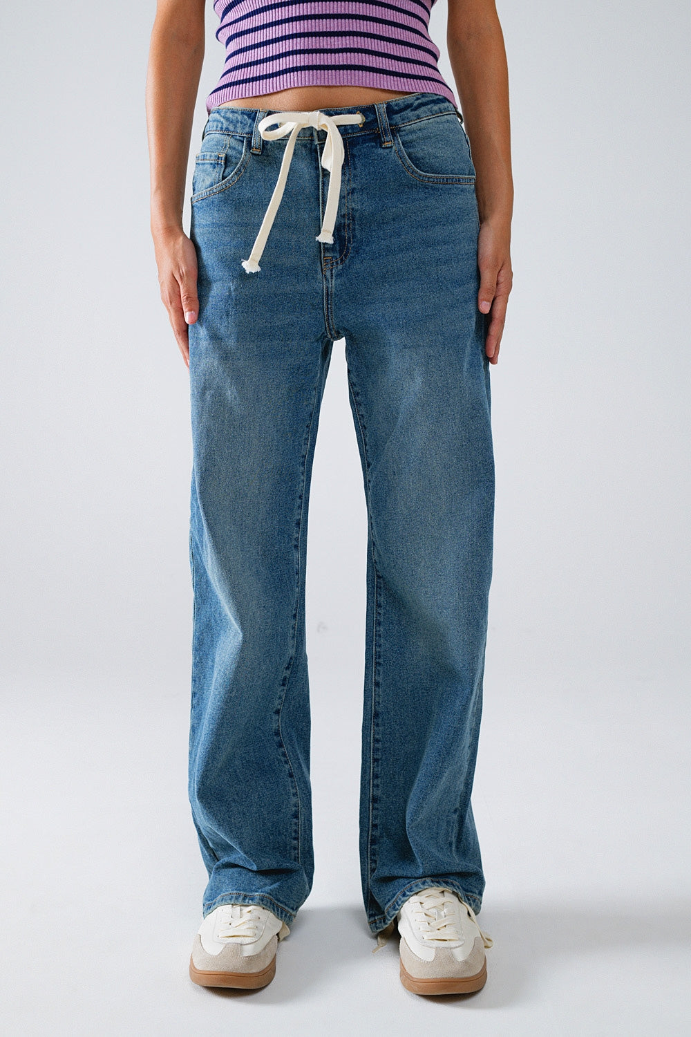 Straight Blue Jean With Drawstring - Denim
