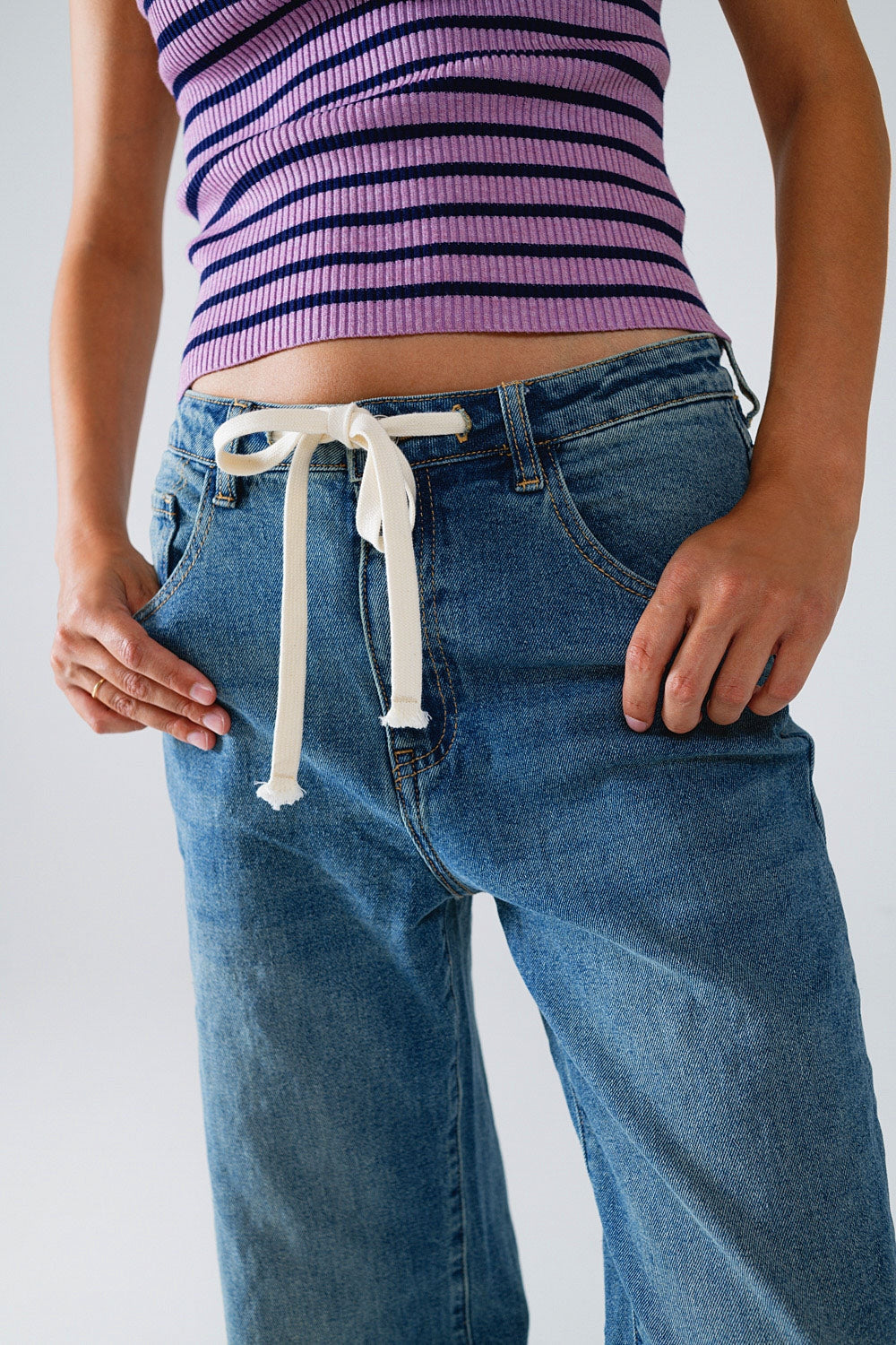 Straight Blue Jean With Drawstring - Denim
