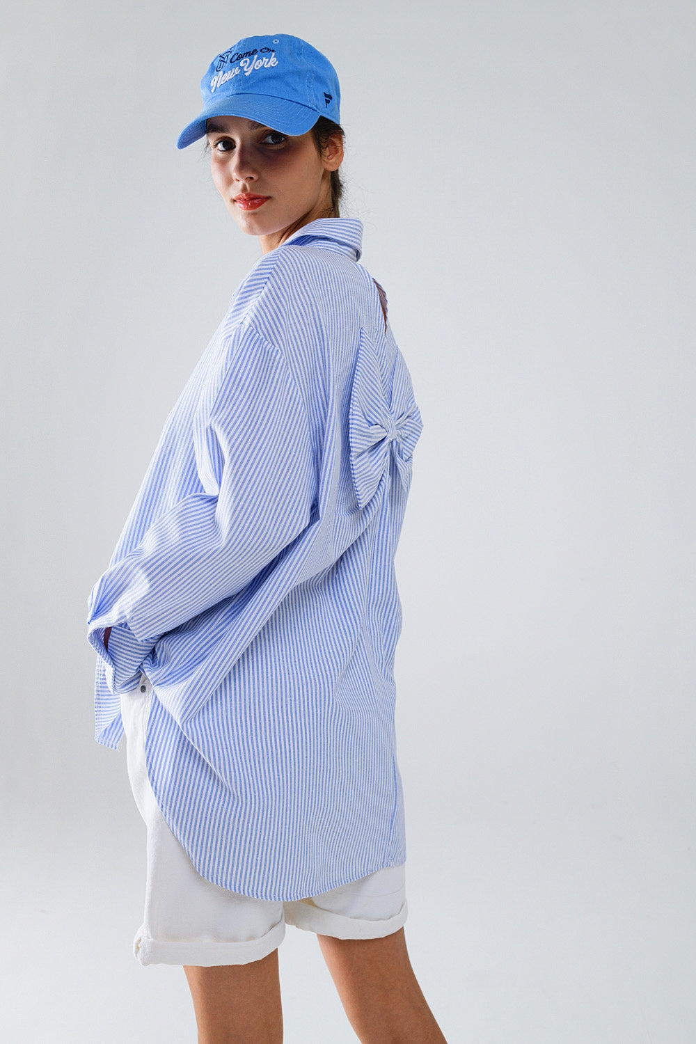 Poplin Oversize Striped Shirt With Bow Detail in Blue and White - Shirts
