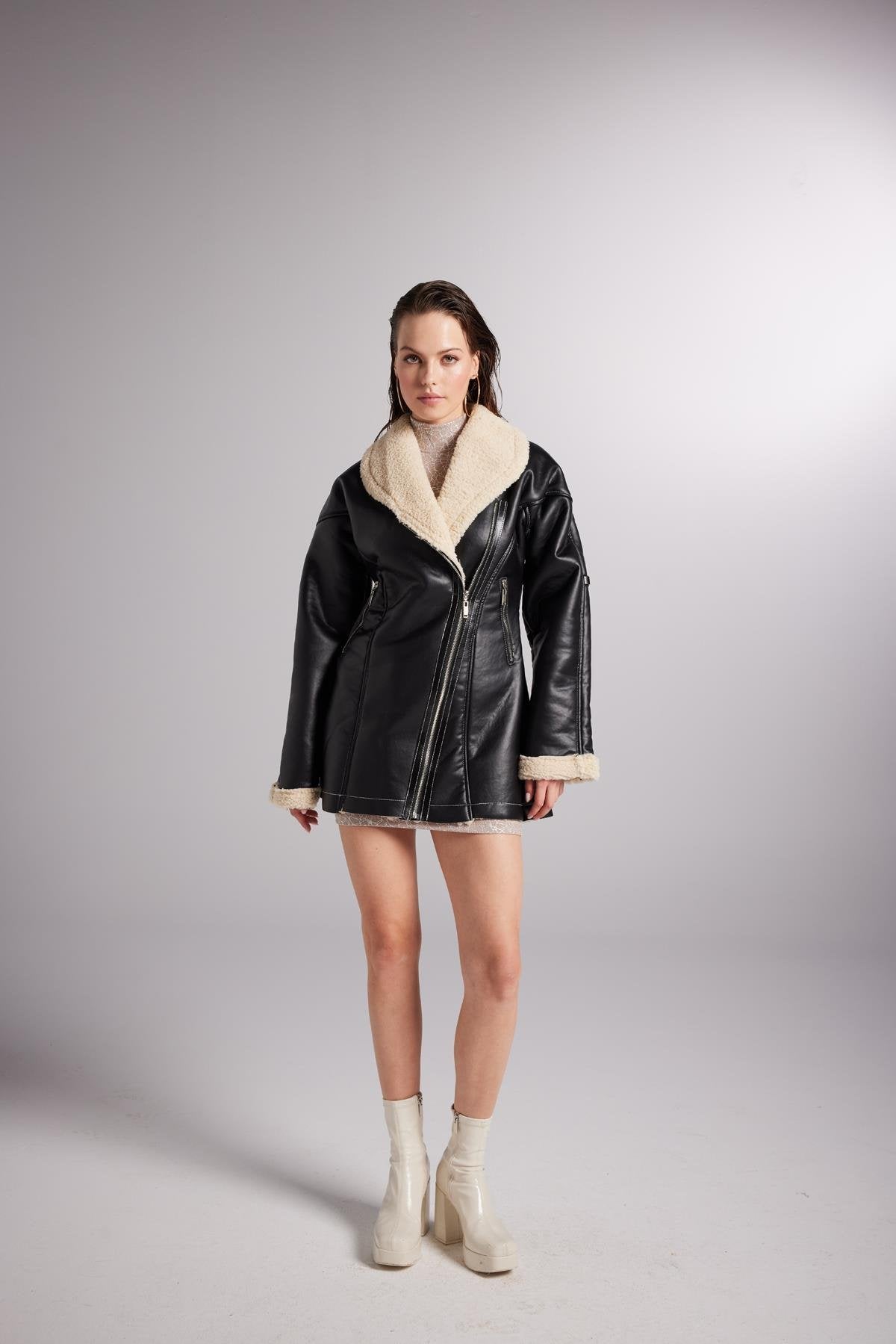 Monero Black Vegan Faux Leather Coat with Fur Lining - Faux Leather Coats